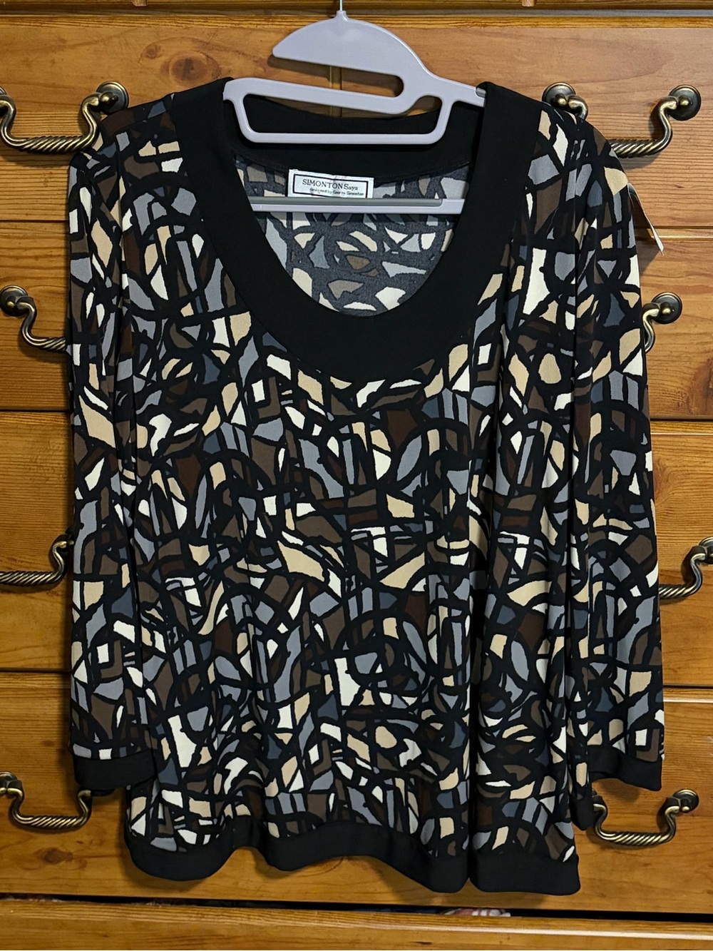 Simonton Says by George Simonton Black, Brown & Cream Abstract Scoop Neck Blouse